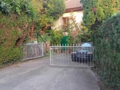 un cancello con un'auto parcheggiata di fronte a una casa di Petit St George 100mt du lac a Clarens