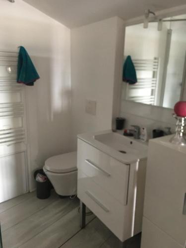 une salle de bain blanche avec des toilettes et un lavabo dans l'établissement Châteauneuf du Pape - Chez Marie - suite loft au roof top, idéale pour 2 - Vue panoramique, terrasse, Jacuzzi en option, à Châteauneuf-du-Pape
