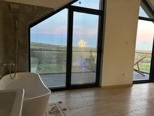 a bathroom with a large sliding glass door with a view at Fruska Gora Villa Medici in Irig