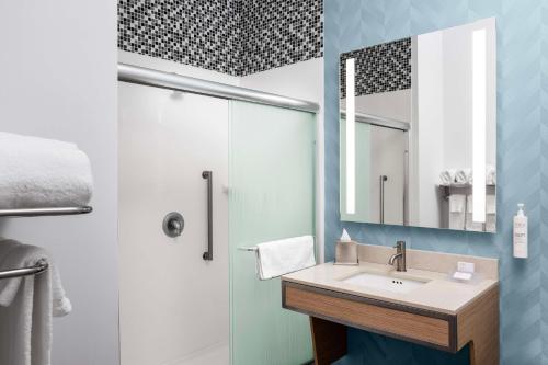 a bathroom with a sink and a mirror at Hilton Garden Inn West Palm Beach Airport in West Palm Beach