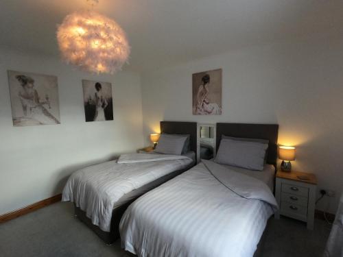 a bedroom with two beds and a chandelier at Cribyn Lodge in Brecon