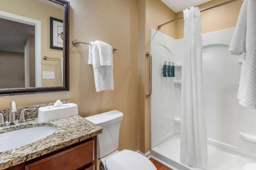 La salle de bains est pourvue d'un lavabo et d'une douche. dans l'établissement Hilton Vacation Club The Historic Powhatan Williamsburg, à Williamsburg
