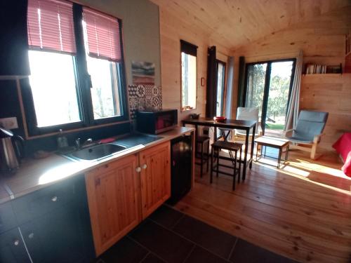 - une cuisine avec un évier et une table dans une cabine dans l'établissement maison dans un écrin de verdure, à Saint-Léon-sur-Vézère