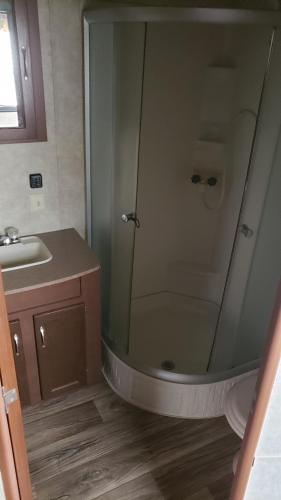 a bathroom with a shower and a sink at Tiny House RV, Kayak in Key Largo