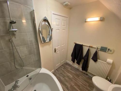 a bathroom with a shower and a toilet and a sink at The Old Sack Warehouse in Hereford