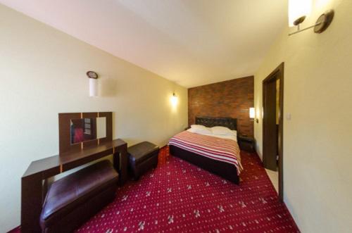 um quarto de hotel com uma cama e um tapete vermelho em Amadeus Hotel Zielona Góra em Zielona Góra