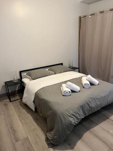 a bedroom with a bed with two pillows on it at Appartement gare RER D maisons alfort Alfortville in Alfortville