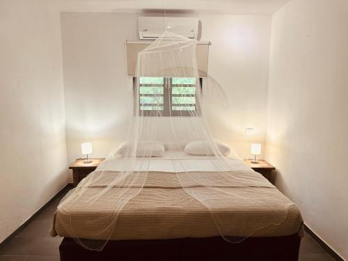 a bedroom with a bed with a mosquito net at Ocean View Villas in Kralendijk