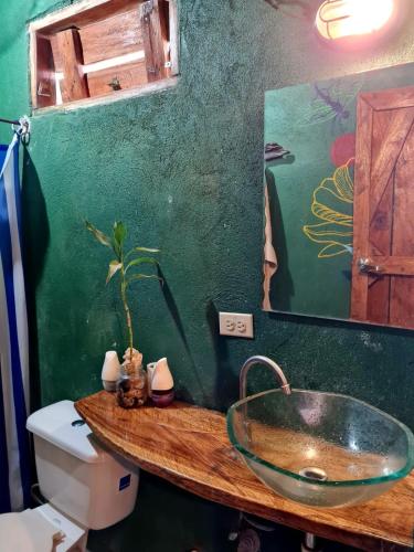 a bathroom with a bowl sink on a wooden counter at SASY Dorm in Santa Catalina