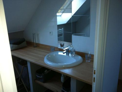 une salle de bain avec un lavabo et un miroir dans l'établissement Maison 5P à Quiberon, 130m², proche plage, terrasse sud, jardin, garage, accepte animaux - FR-1-478-12, à Quiberon