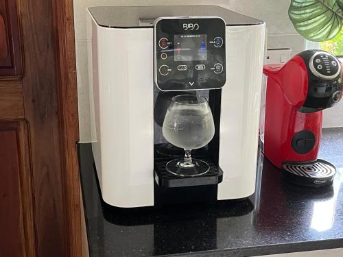 a coffee maker with a glass in it on a counter at Royal Bay Villa and Apartment in Anse Royale