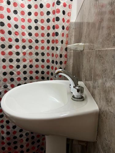 a white sink in a bathroom with a shower curtain at Departamento AHNEN Barrio ALTA CORDOBA PLANTA ALTA a dos cuadras Plaza de Alta Cordoba in Córdoba