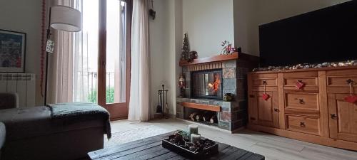 sala de estar con chimenea y TV en Apartament Ca La Nena, en Esterri d'Àneu