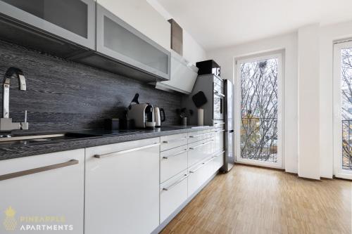 een keuken met witte kasten en een groot raam bij Pineapple Apartments Dresden Zwinger VIII - 85 qm - 1x free parking in Dresden