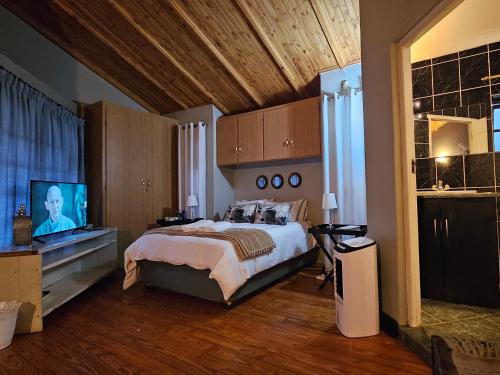 a bedroom with a bed and a television in it at Grobler's Haven Self catering cottage in Pretoria