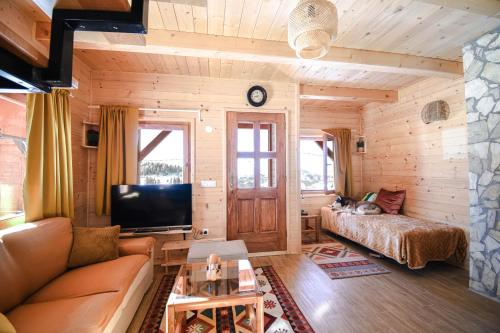 ein Wohnzimmer mit einem Sofa und einem TV in der Unterkunft Koliba Vuk in Sekulić 