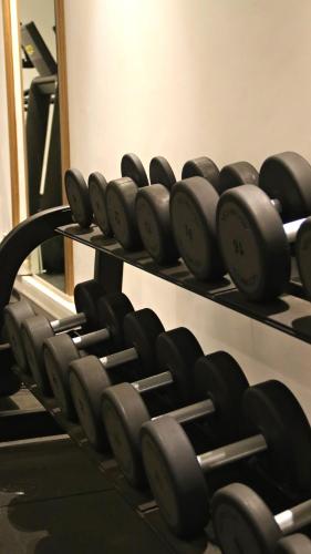 a row of dumbbells on a rack in a gym at New Hotel Piscine Wellness & Spa in Casablanca