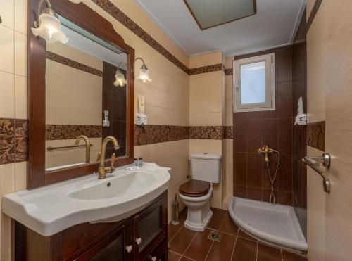 ein Badezimmer mit einem Waschbecken, einem WC und einem Spiegel in der Unterkunft Piperitsa house for nomads or families in the countryside in Messini