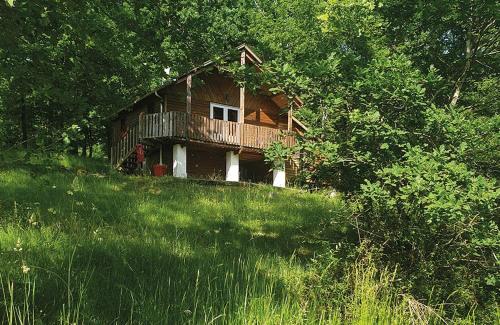 una cabaña de madera en una colina en un campo en Camping des Bastides, en Salles