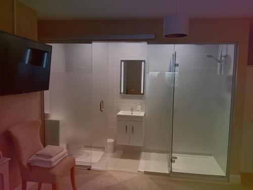 a bathroom with a shower and a sink at White Quarry House in Navan