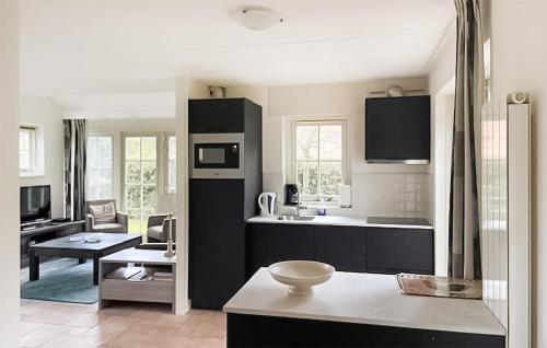 een keuken met zwarte kasten en een woonkamer bij Buitengoed Het Lageveld- 68 in Hoge-Hexel
