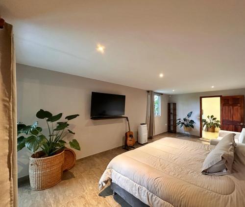 a bedroom with a large bed and a flat screen tv at Casa de Ali in Pereira