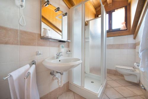 a bathroom with a sink and a shower and a toilet at Hotel Gallo Cedrone in Valdisotto