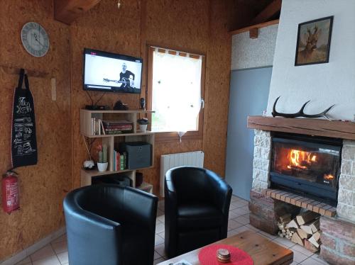 ein Wohnzimmer mit einem Kamin und einem TV in der Unterkunft Chaleureux gîte des brocards aux pieds des sapins 3 étoiles in Allarmont