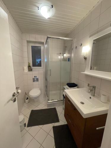 e bagno con doccia, servizi igienici e lavandino. di Apartment Frohnau a Berlino