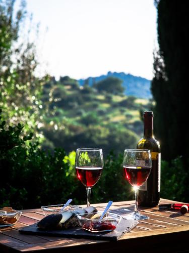 two glasses of wine sitting on a table with a bottle of wine at Madonna Del Poggio CAV in Scarlino