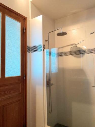 une salle de bain avec une douche avec une porte vitrée dans l'établissement Appartement vue imprenable, au Puy-en-Velay