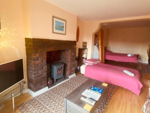 a living room with a fireplace and a tv at Flat with Seaview/Garden in Swansea