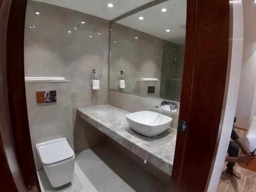 a bathroom with a sink and a toilet at Hotel Midori Vithalapur in Vithalpur