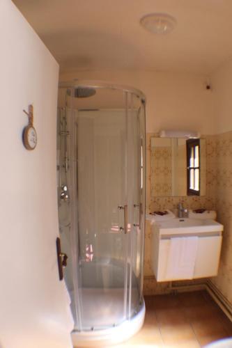a bathroom with a shower and a sink at Hotel Raymond VII in Cordes-sur-Ciel