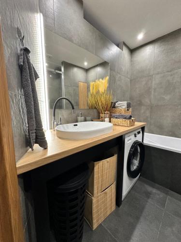 a bathroom with a sink and a washing machine at Stratený kľúč in Revúca
