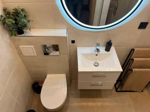 a bathroom with a toilet and a sink and a mirror at Apartament w centrum Gdańska in Gdańsk