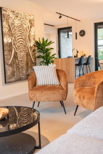 a living room with two chairs and an elephant painting on the wall at NIEUW De Grenspaal NOORD 6P - 3SLPK 5 min Maastricht - SAUNA - LAADPAAL in Riemst