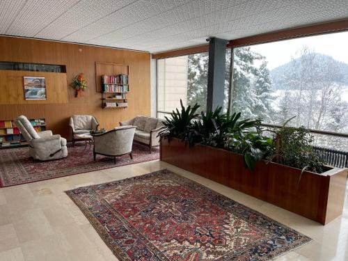 a living room with a large window and a rug at Studio Tonbachblick Baiersbronn in Baiersbronn