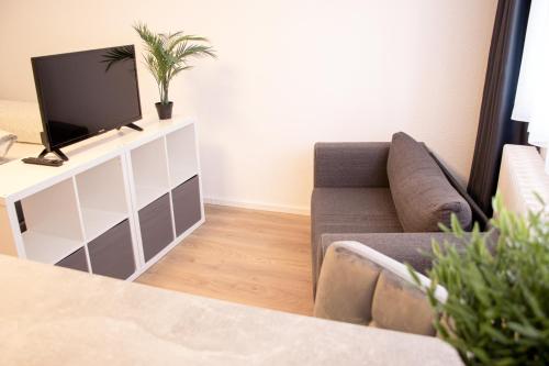 ein Wohnzimmer mit einem Sofa und einem TV in der Unterkunft Modernes Apartment 3 in Bad Kreuznach mit einfachem Self-Check-in in Bad Kreuznach