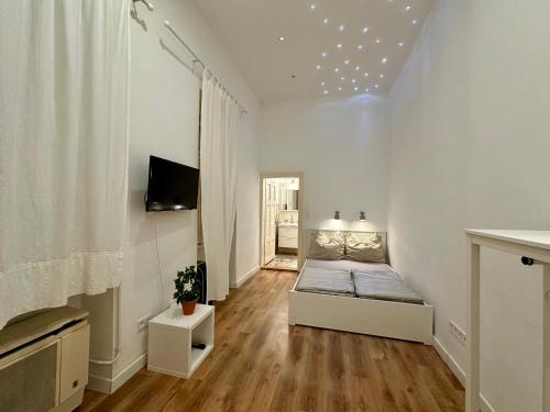 una sala de estar con una cama en una habitación en Cozy studio flat in the heart of Budapest en Budapest