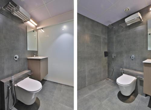 two images of a bathroom with a toilet and a sink at Hotel Shivashish in Ahmedabad