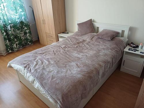 ein Schlafzimmer mit einem großen Bett und Holzboden in der Unterkunft Harmony home in Moravská Ostrava