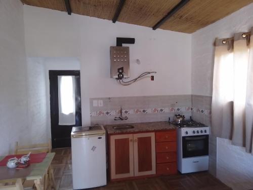uma cozinha com um fogão e um lavatório em Apartamento Atlantida em Villa Argentina
