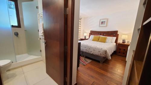 une chambre avec un lit et une salle de bain avec douche dans l'établissement Casa ITALIA 2 Condominio Parque Pinares, à Pucón