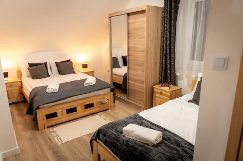 a bedroom with two beds and a mirror at Apartamenty ,,Górska Strefa'' Czorsztyn in Czorsztyn