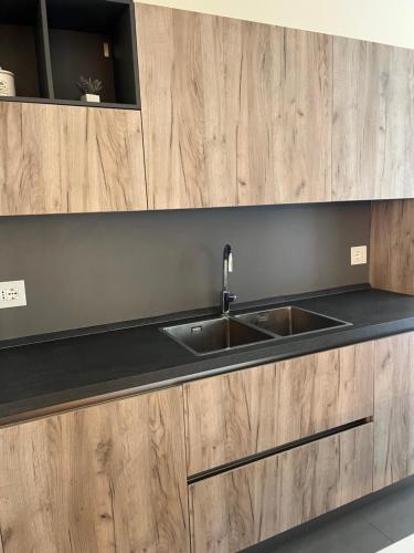 a kitchen with a sink and wooden cabinets at Cà Torre apartment in Mestre