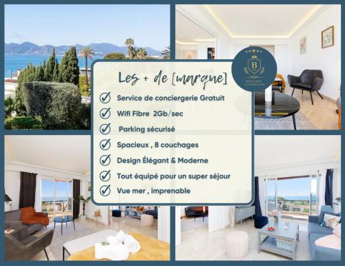 un collage di foto di una casa con un cartello di Suite Riviera - Sea View - Clim - 50M Plage - Residence de standing - Spacieux 180 M2 - Parking a Cannes