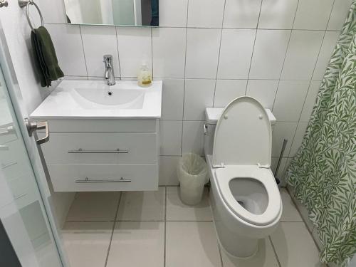 a small bathroom with a toilet and a sink at Mindanao # 842 in San Juan