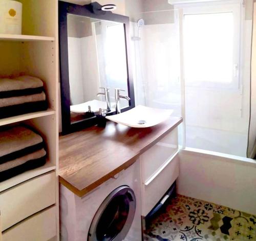 uma casa de banho com um lavatório, um espelho e uma máquina de lavar roupa em Le Cocoon - SIPCO Immobilier - Netflix em Saint Lo