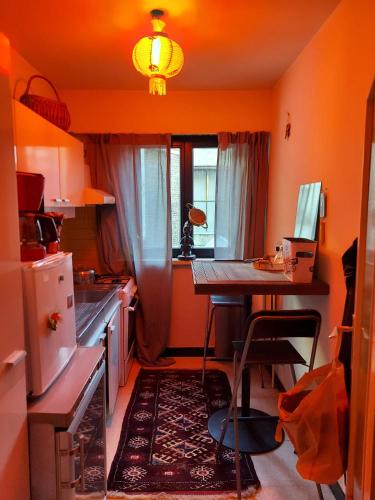 uma pequena cozinha com uma mesa e um frigorífico em Carpe diem em Gent